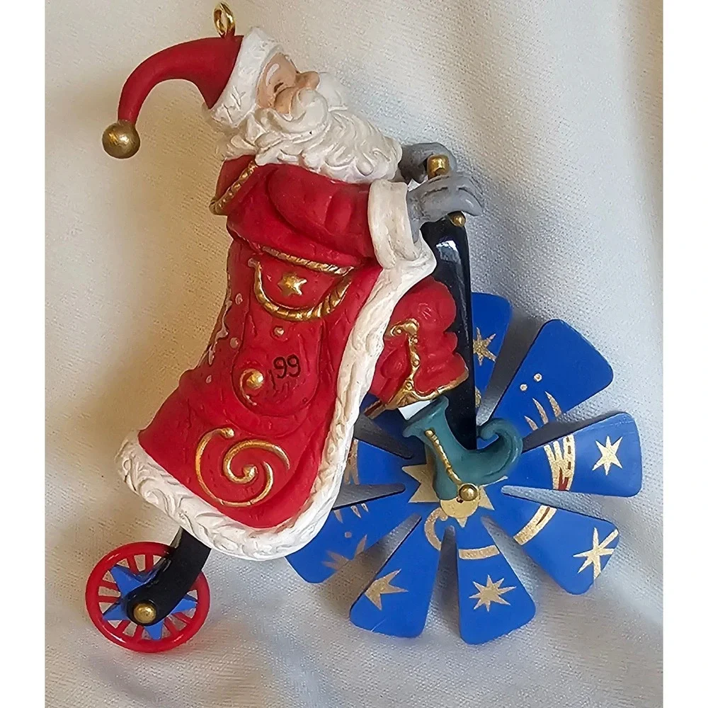 Vintage 1999 Santa Claus on Bicycle Christmas Ornament Red Blue 4.25
